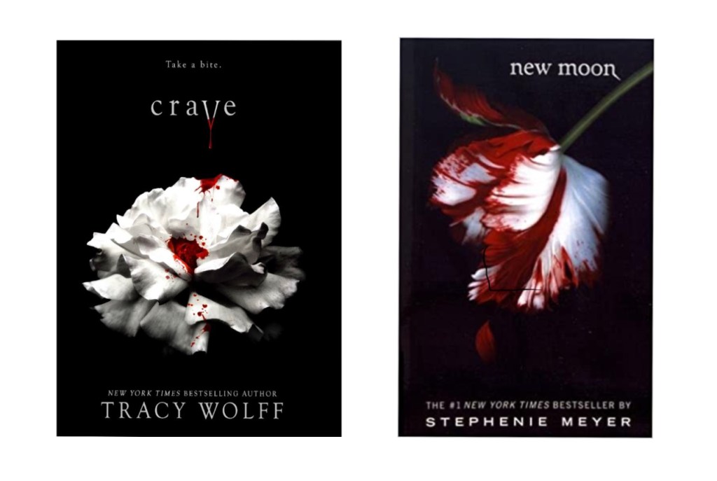 A comparison of the covers of Crave by Tracy Wolff and New Moon by Stephenie Meyer which both feature red and white flowers