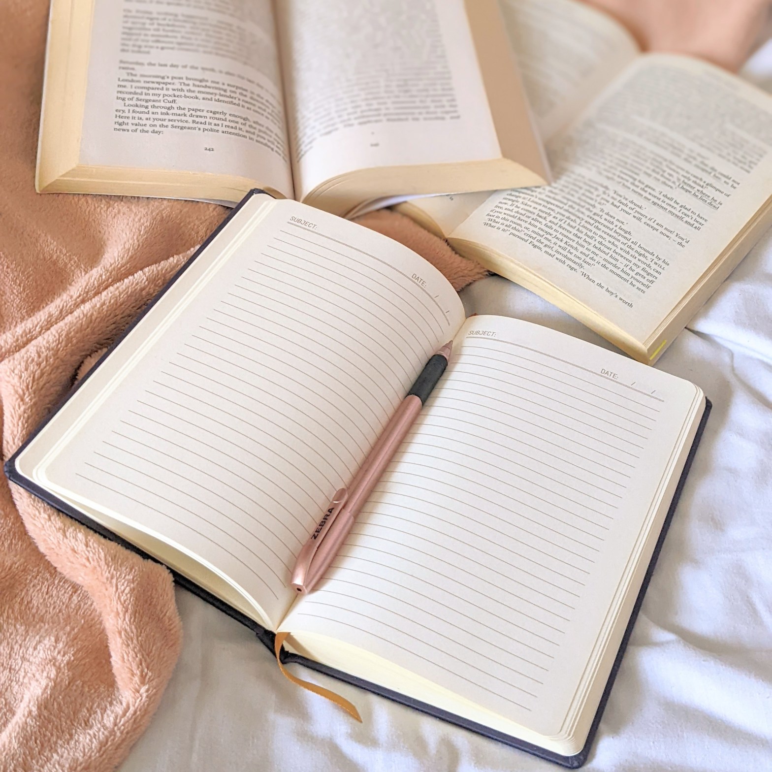 An image of two open books above a notebook open to an empty page with a pen in it, all arranged on a white sheet.
