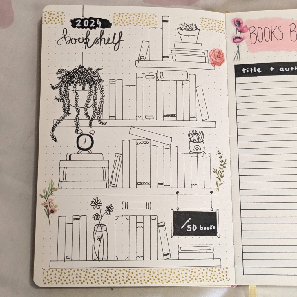 A bookshelf in a reading journal for tallying the number of books read.