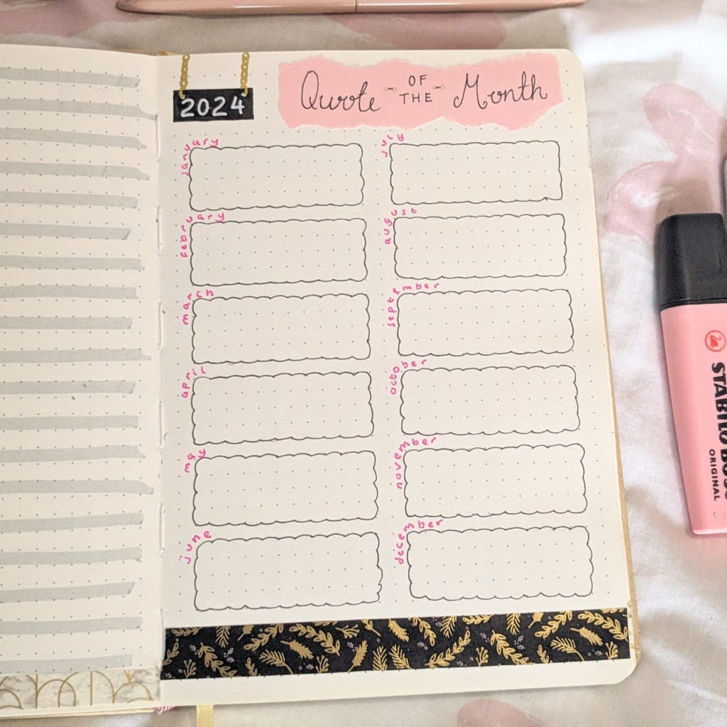 A reading journal spread with boxes to be filled in with a favourite quote from each month in 2024