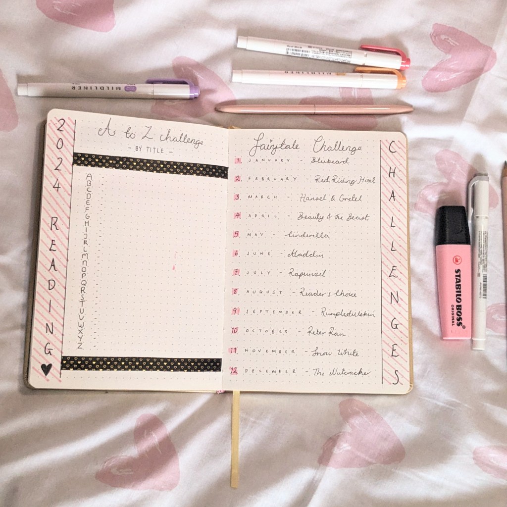 A reading journal spread with the A-to-Z reading challenge and Fairytale Challenge on it