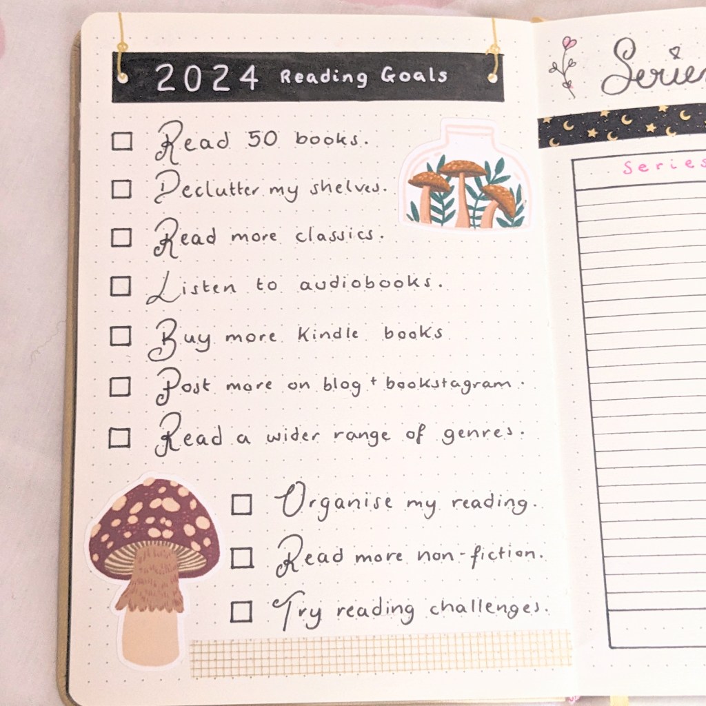 A list of reading goals for 2024 decorated with stickers