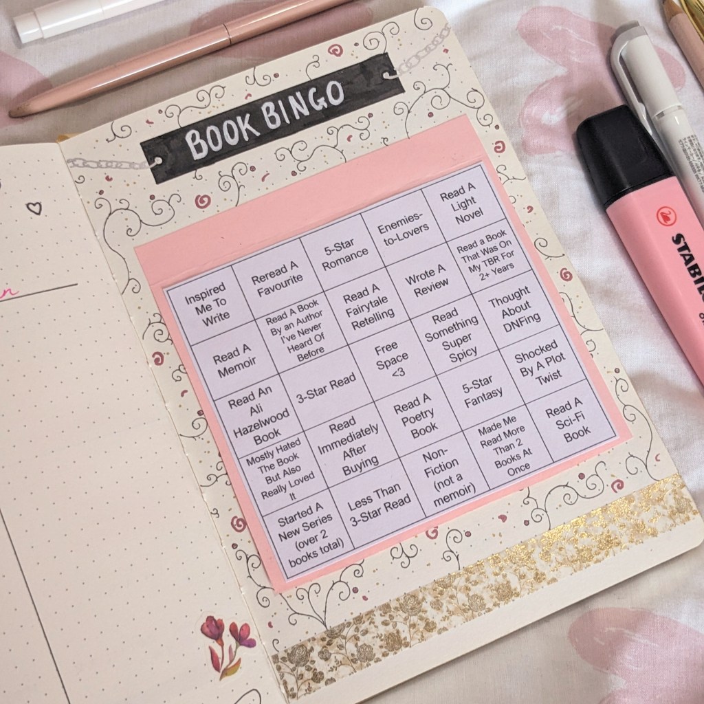 A book bingo table with squares such as 'read a memoir' and 'shocked by a plot twist'